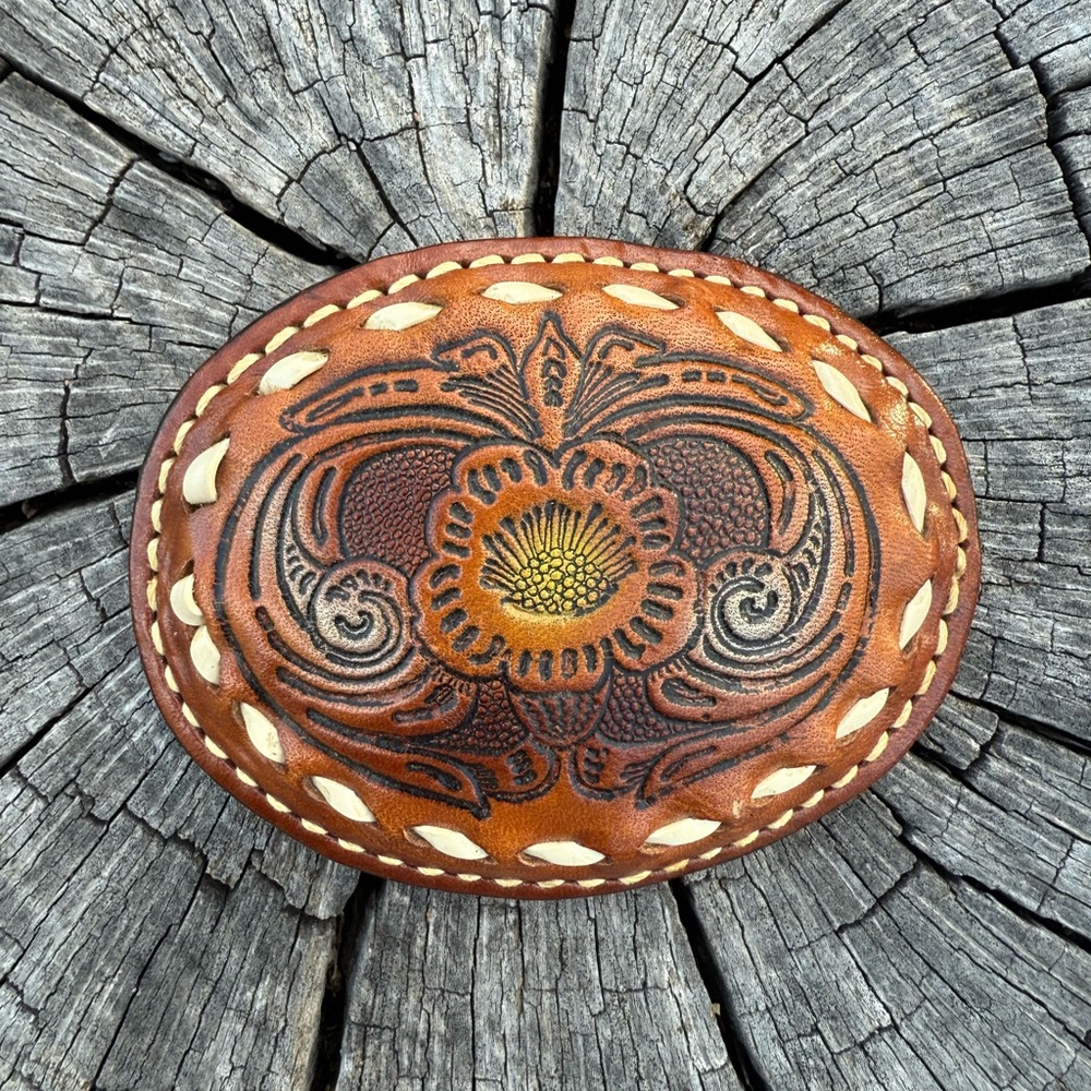 Hand-Tooled Floral Leather Belt Buckle